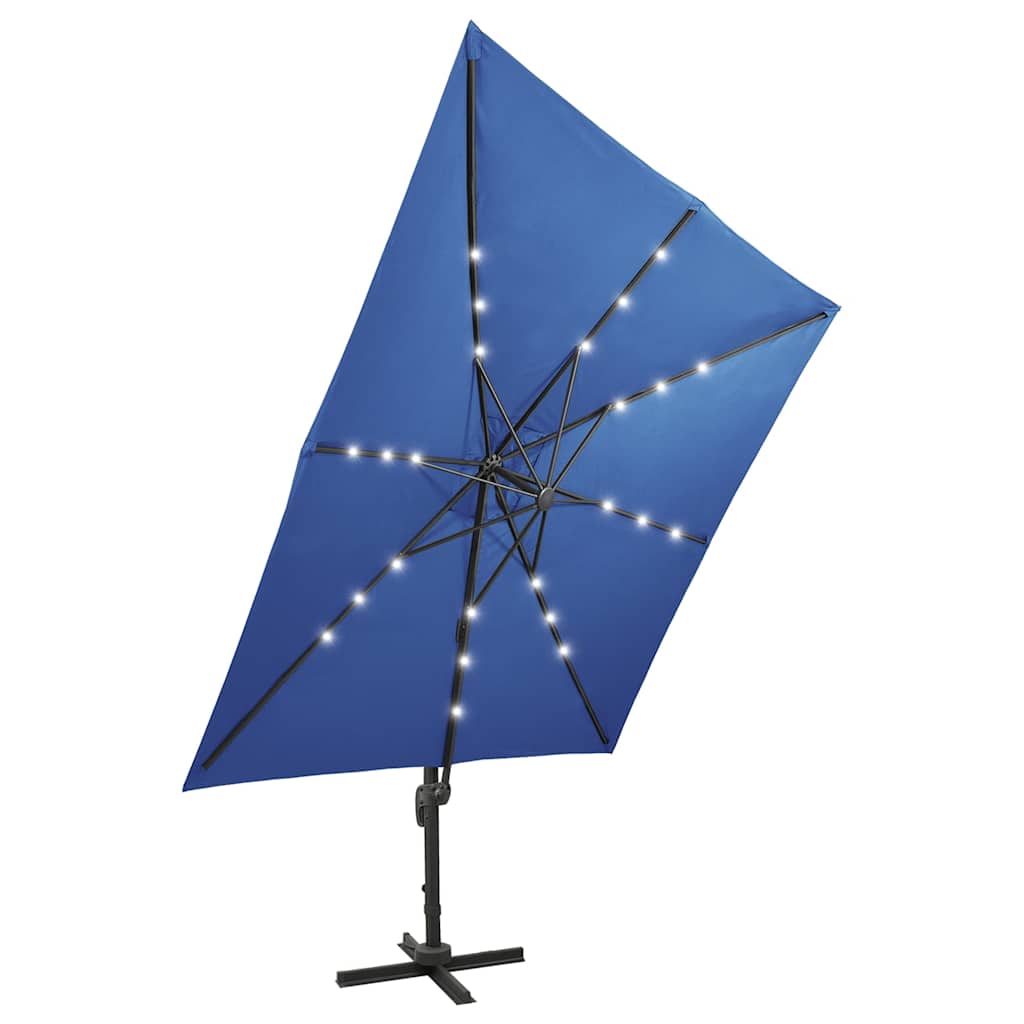 hængeparasol med stang og LED-lys 300 cm azurblå