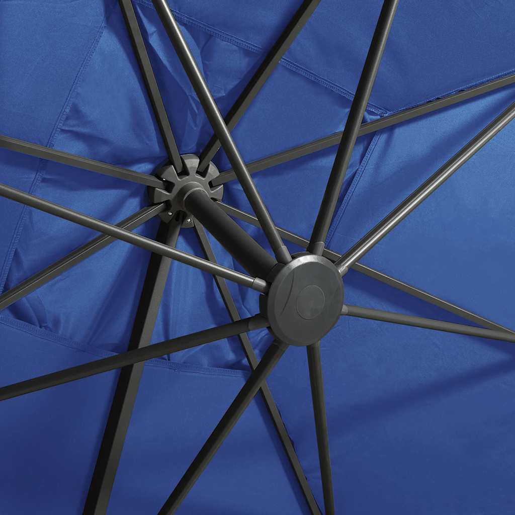 hængeparasol med stang og LED-lys 300 cm azurblå