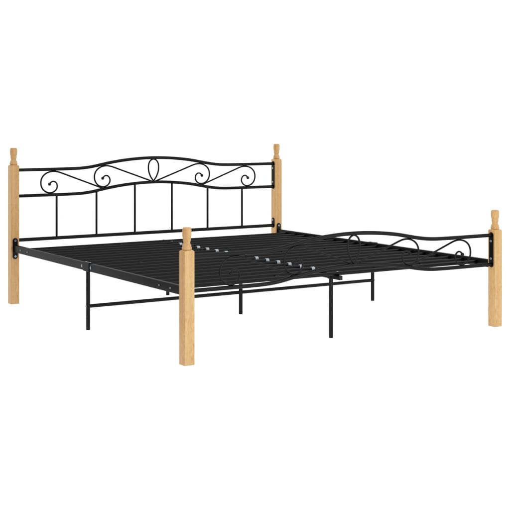 sengeramme 200x200 cm metal og massivt egetræ sort