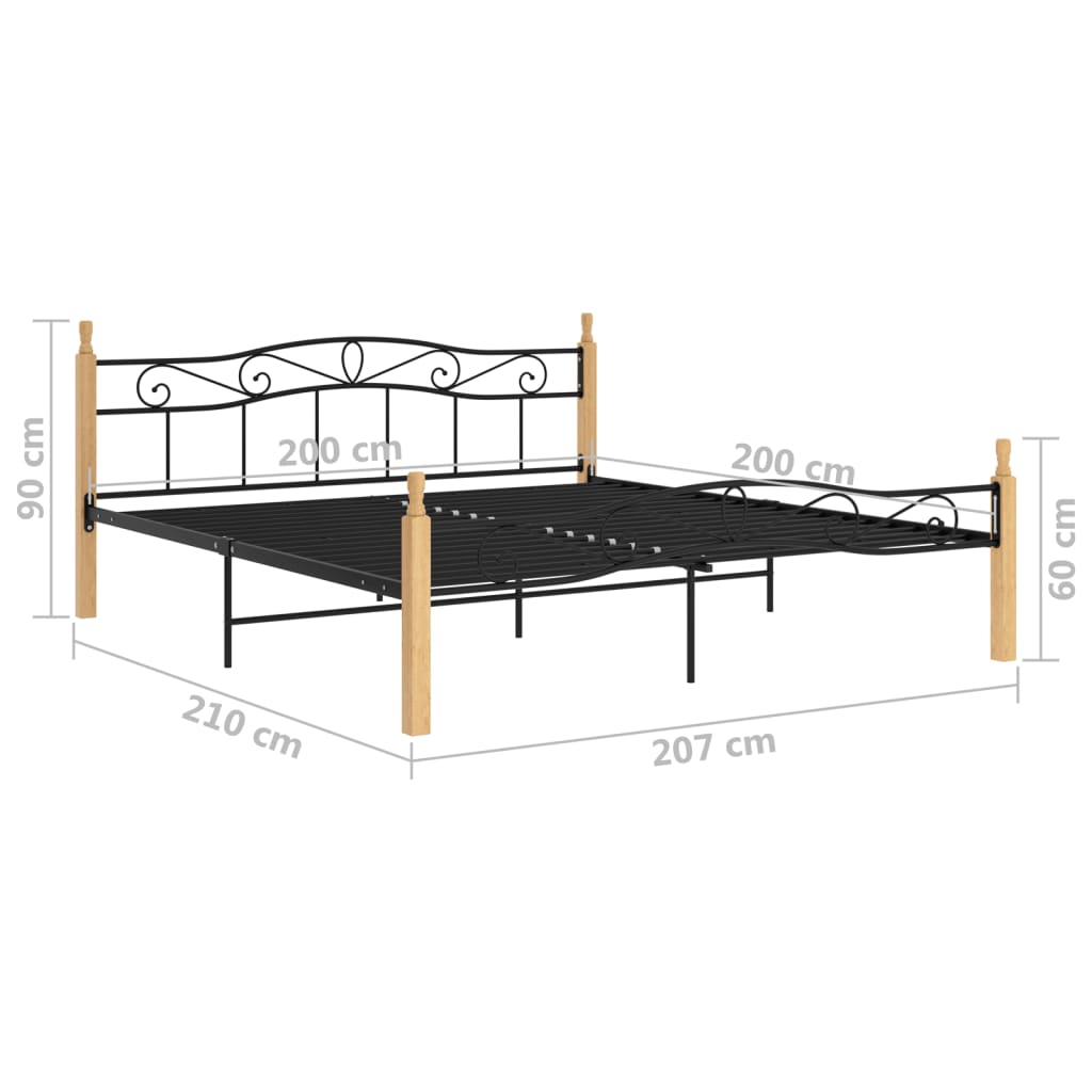 sengeramme 200x200 cm metal og massivt egetræ sort