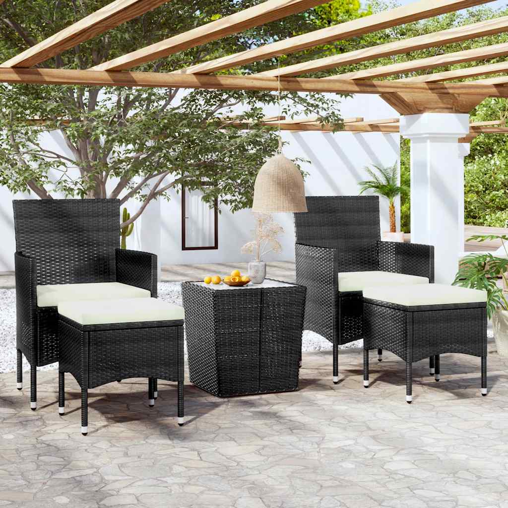 bistrosæt til haven 5 dele polyrattan og hærdet glas sort