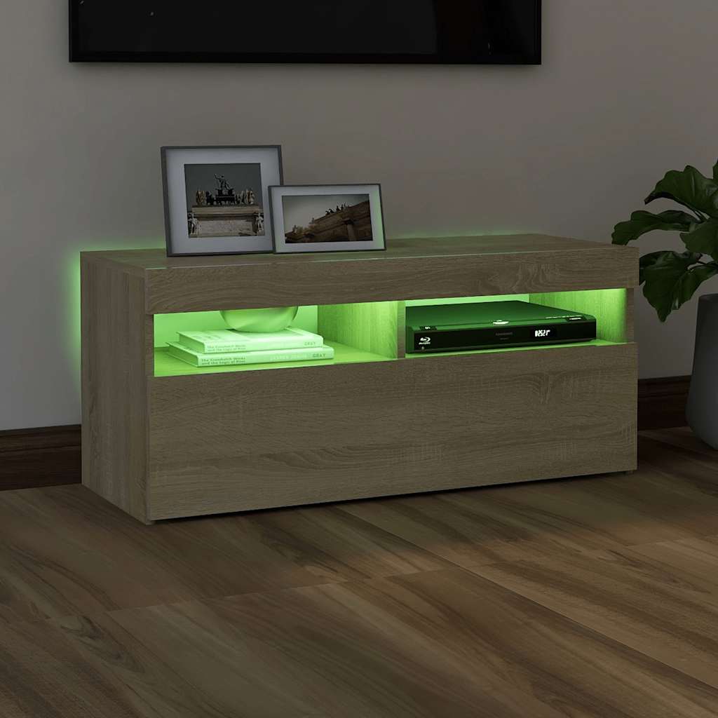 tv-bord med LED-lys 90x35x40 cm sonoma-eg