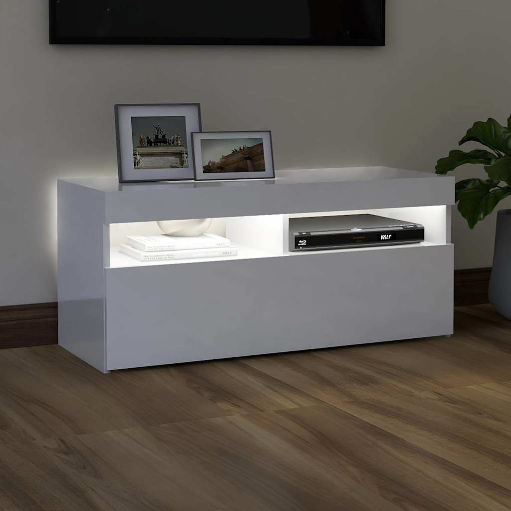 tv-skab med LED-lys 90x35x40 cm hvid højglans