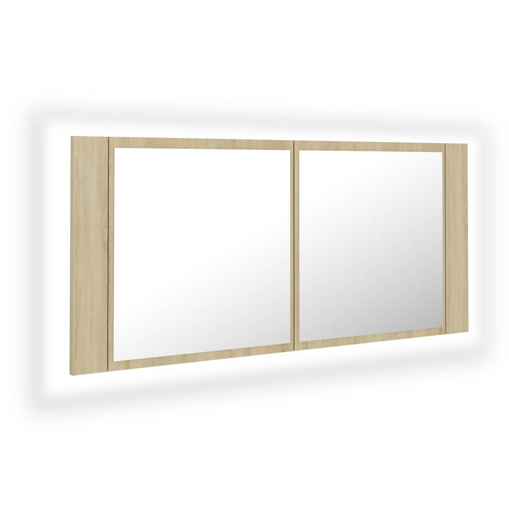 badeværelsesskab m. spejl og LED-lys 100x12x45 akryl sonoma-eg