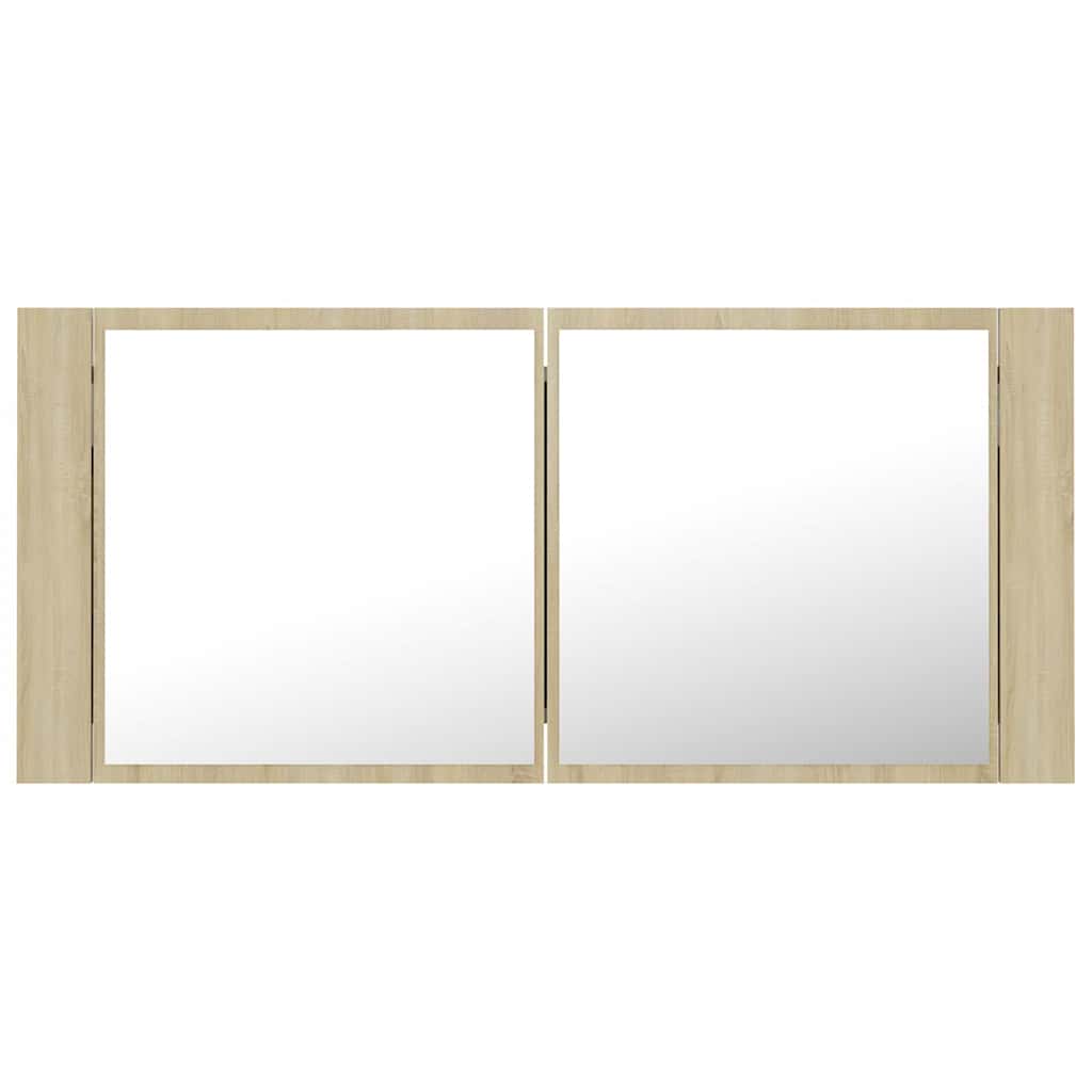 badeværelsesskab m. spejl og LED-lys 100x12x45 akryl sonoma-eg