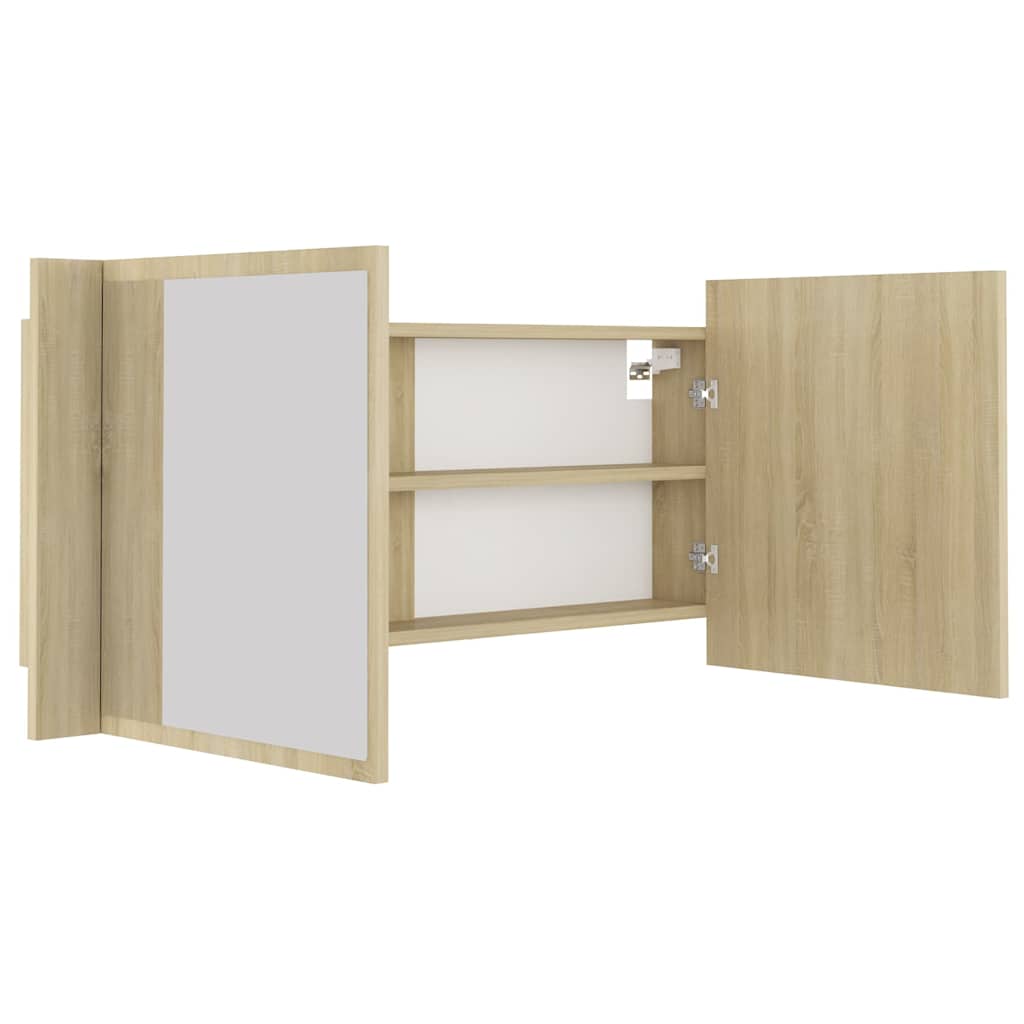 badeværelsesskab m. spejl og LED-lys 100x12x45 akryl sonoma-eg