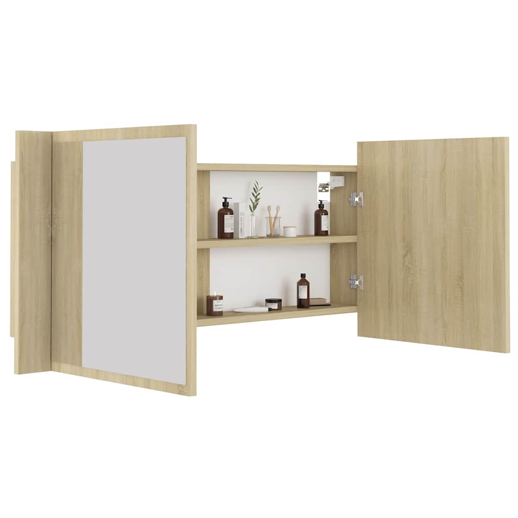 badeværelsesskab m. spejl og LED-lys 100x12x45 akryl sonoma-eg