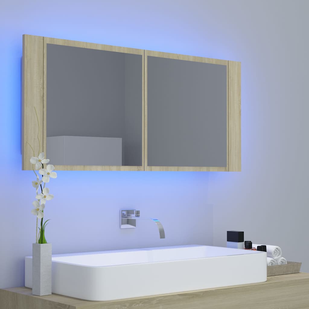 badeværelsesskab m. spejl og LED-lys 100x12x45 akryl sonoma-eg