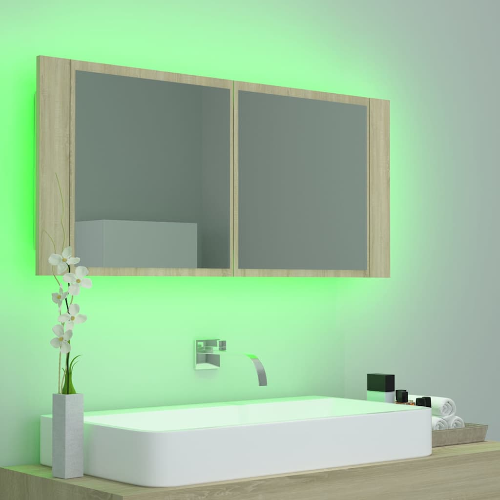 badeværelsesskab m. spejl og LED-lys 100x12x45 akryl sonoma-eg