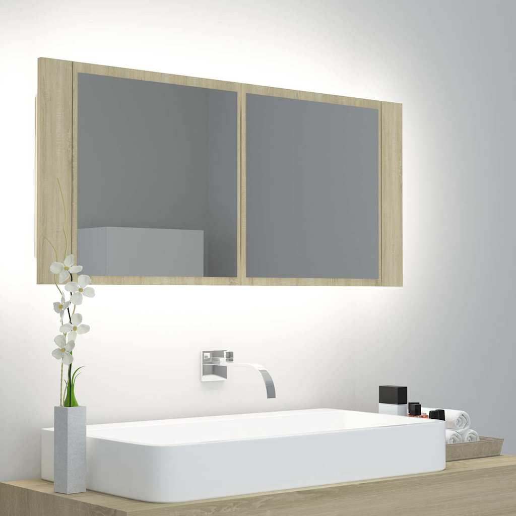 badeværelsesskab m. spejl og LED-lys 100x12x45 akryl sonoma-eg