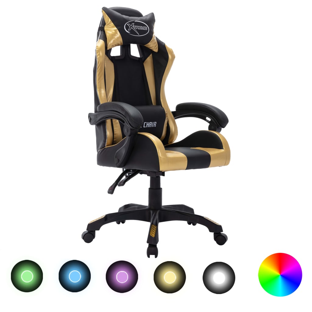 gamingstol m. LED-lys RGB-farver kunstlæder guldfarvet og sort