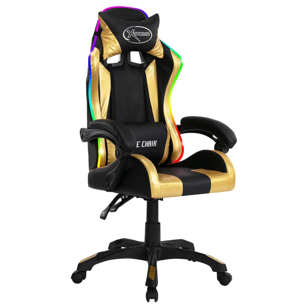 gamingstol m. LED-lys RGB-farver kunstlæder guldfarvet og sort
