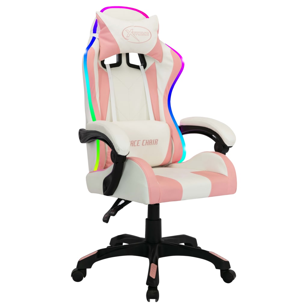gamingstol med LED-lys RGB-farver kunstlæder pink og sort