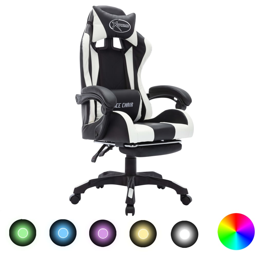 gamingstol m. LED-lys RGB-farver kunstlæder hvid og sort