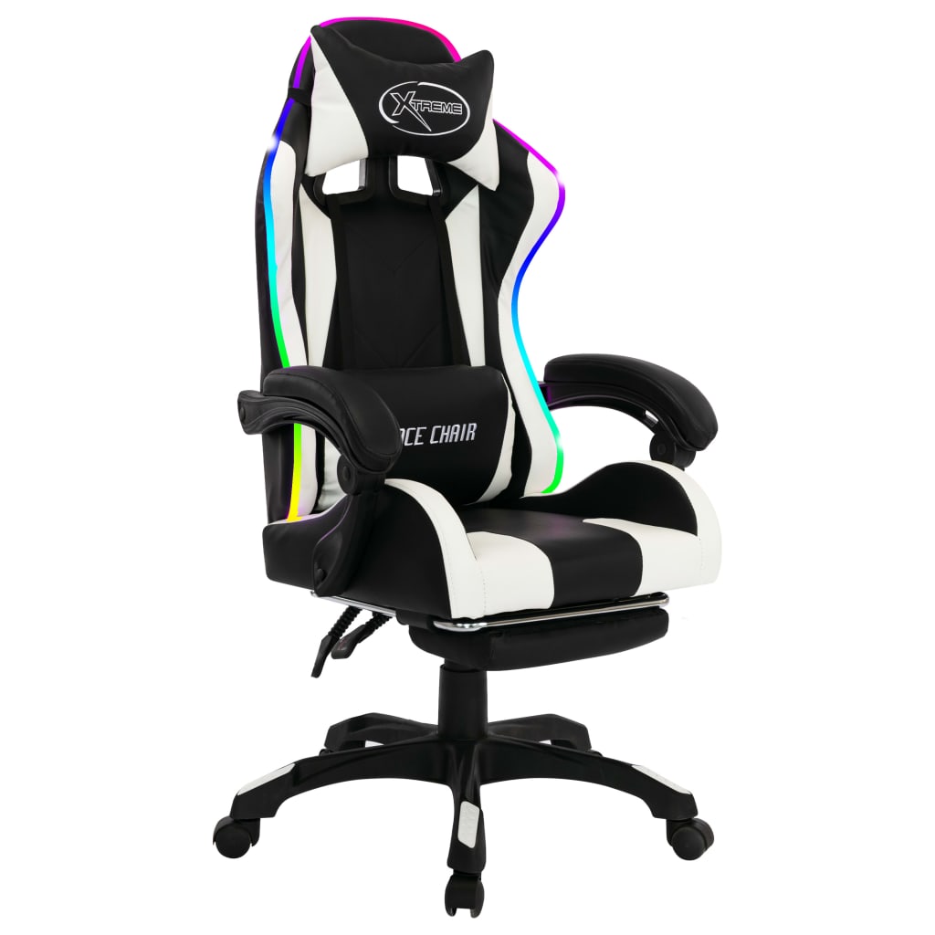 gamingstol m. LED-lys RGB-farver kunstlæder hvid og sort