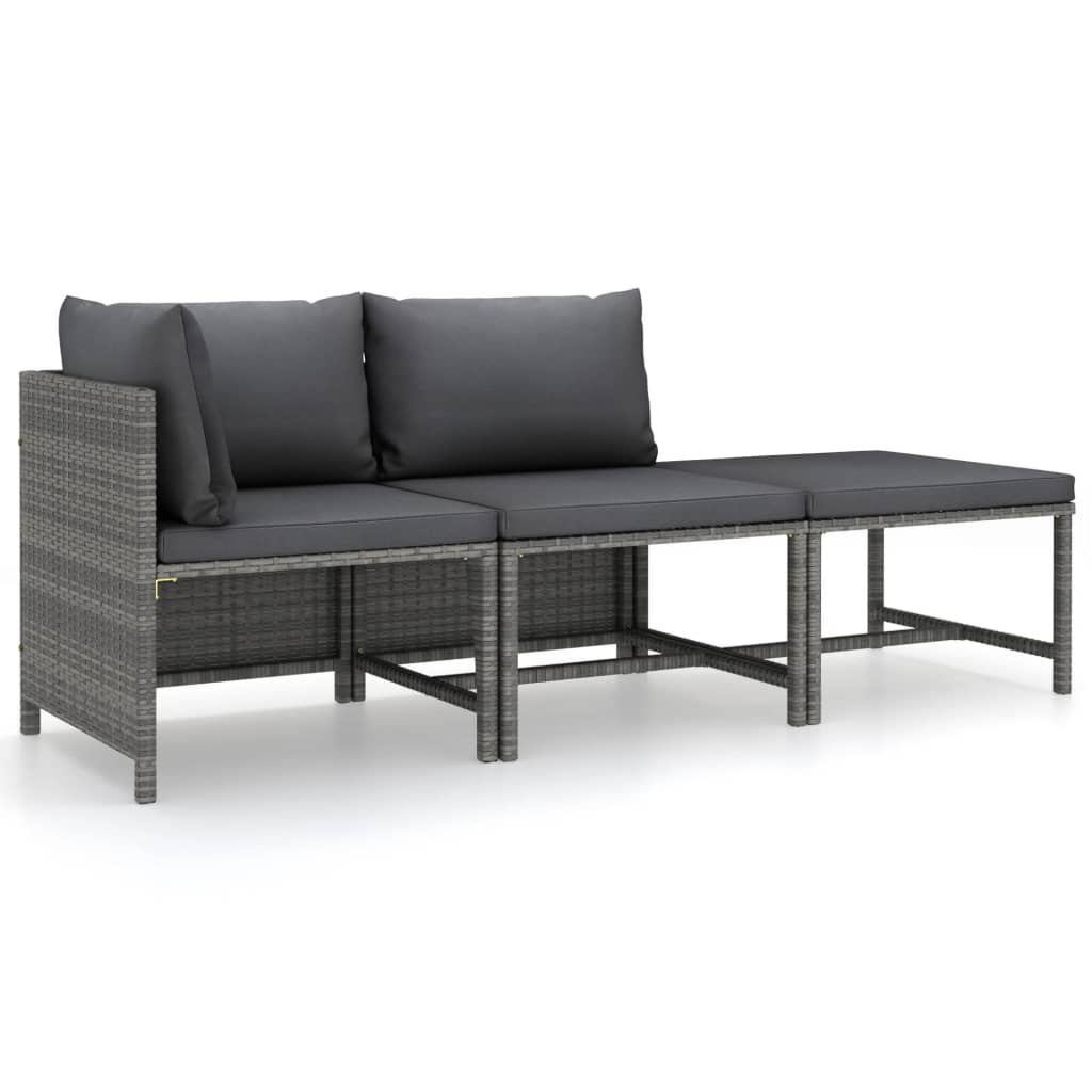 loungesæt til haven 3 dele med hynder polyrattan grå
