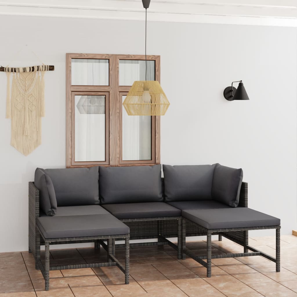 loungesæt til haven 5 dele med hynder polyrattan grå