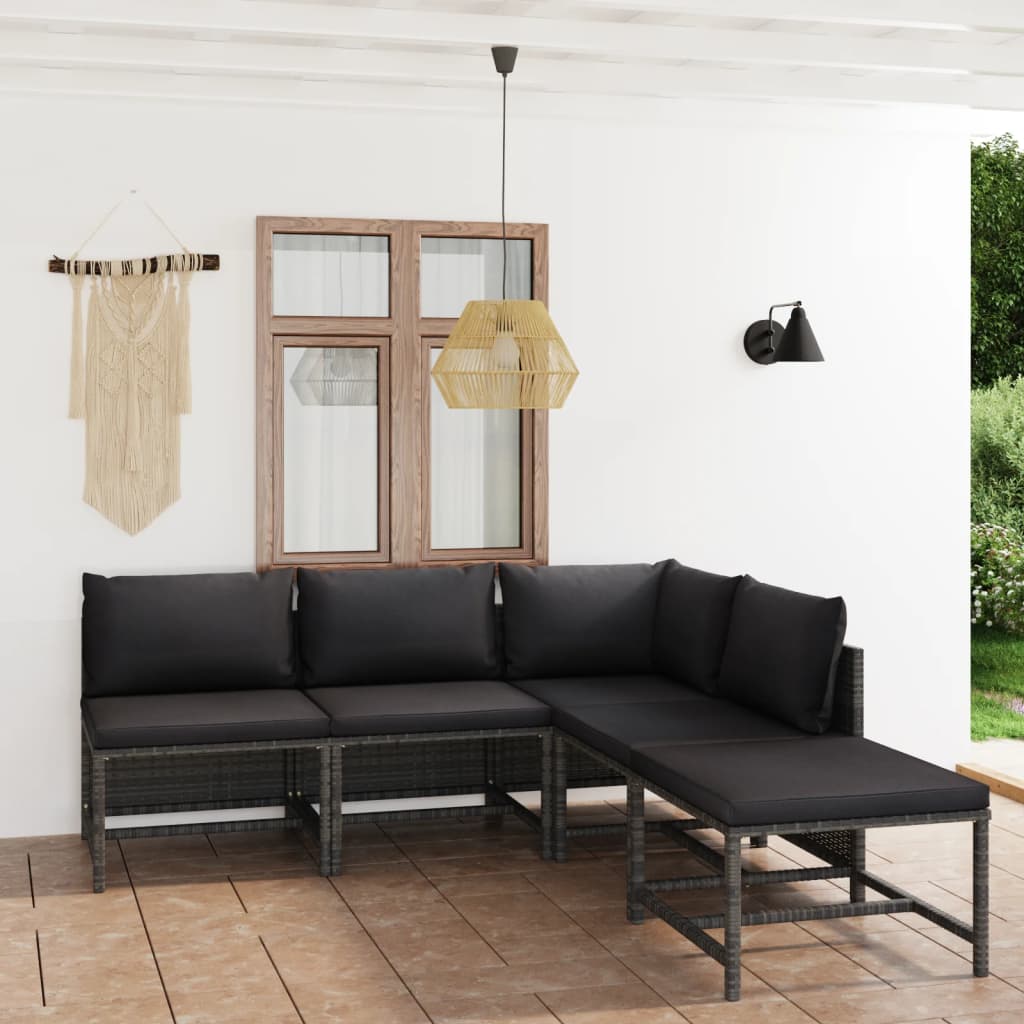 loungesæt til haven 5 dele med hynder polyrattan grå