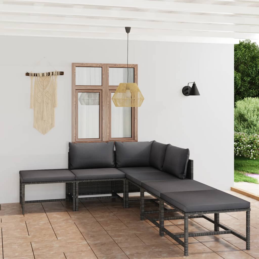 loungesæt til haven 6 dele med hynder polyrattan grå