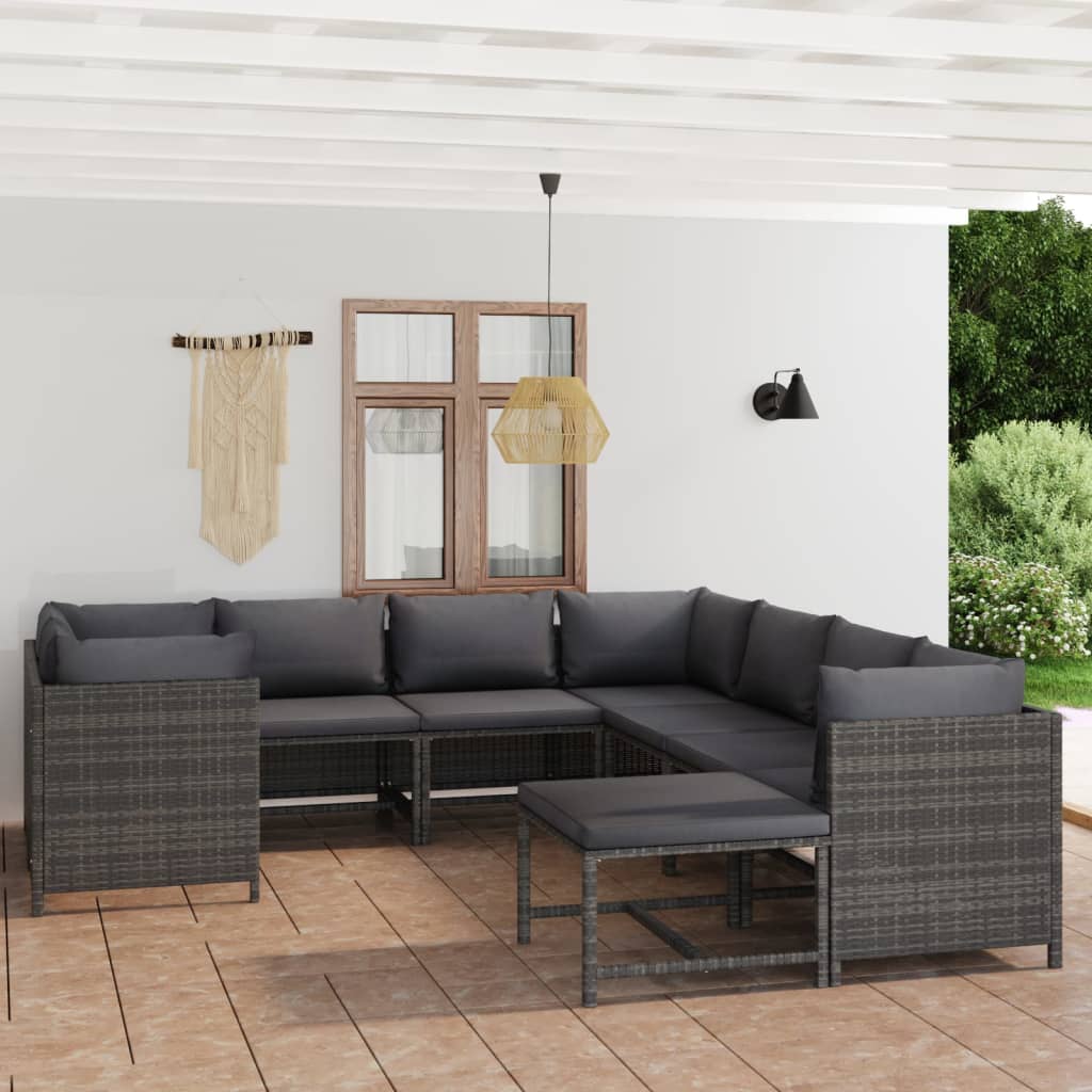 loungesæt til haven 9 dele med hynder polyrattan grå
