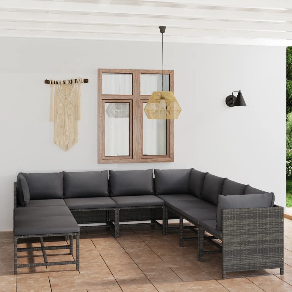 loungesæt til haven 9 dele med hynder polyrattan grå