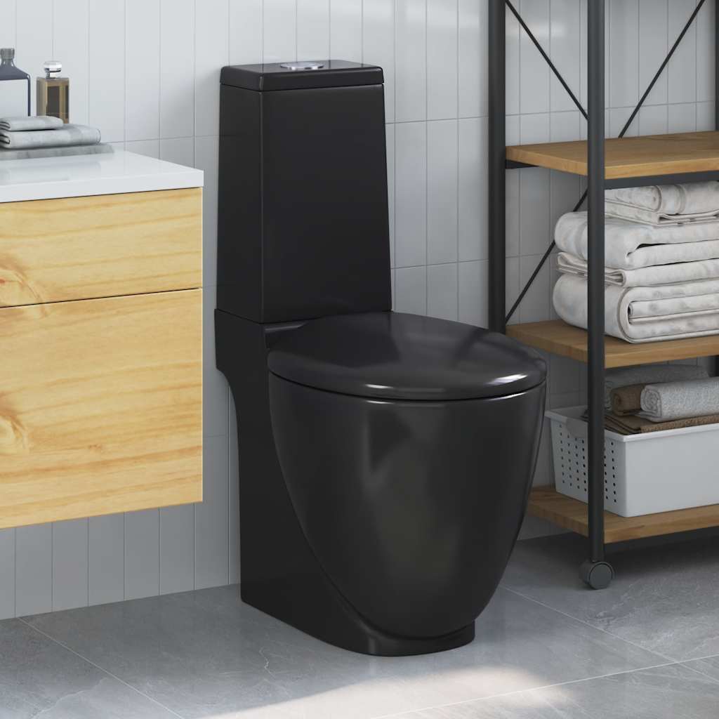 keramisk toilet afløb i bunden rund sort billede