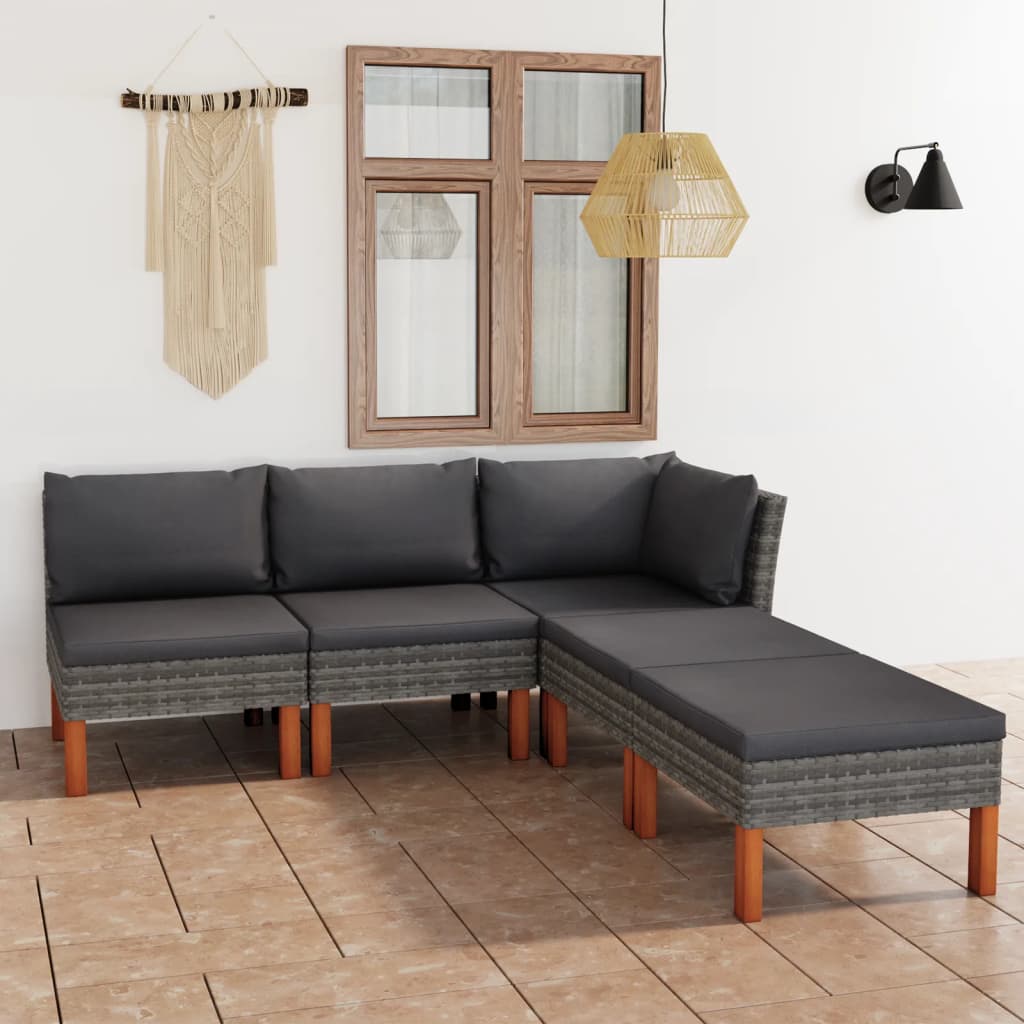 loungesæt til haven 5 dele med hynder polyrattan grå