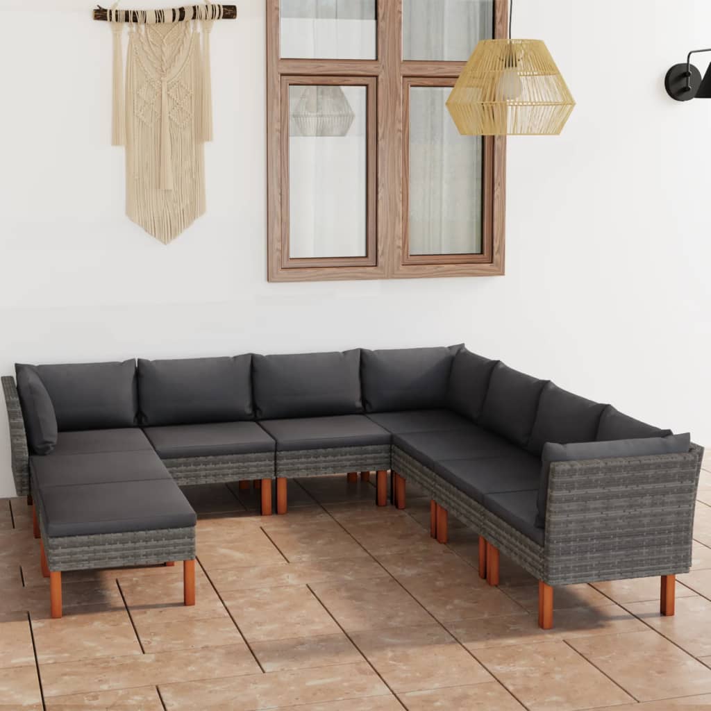 loungesæt til haven 9 dele med hynder polyrattan grå