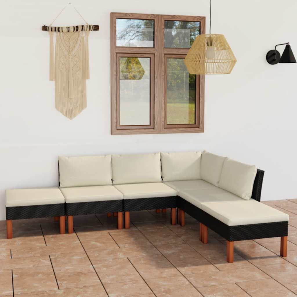 loungesæt til haven 6 dele med hynder polyrattan sort