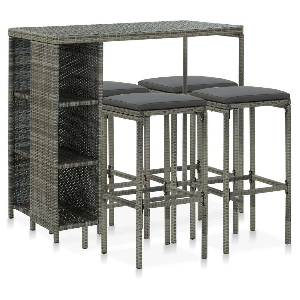 havebarsæt 5 dele med hynder polyrattan grå