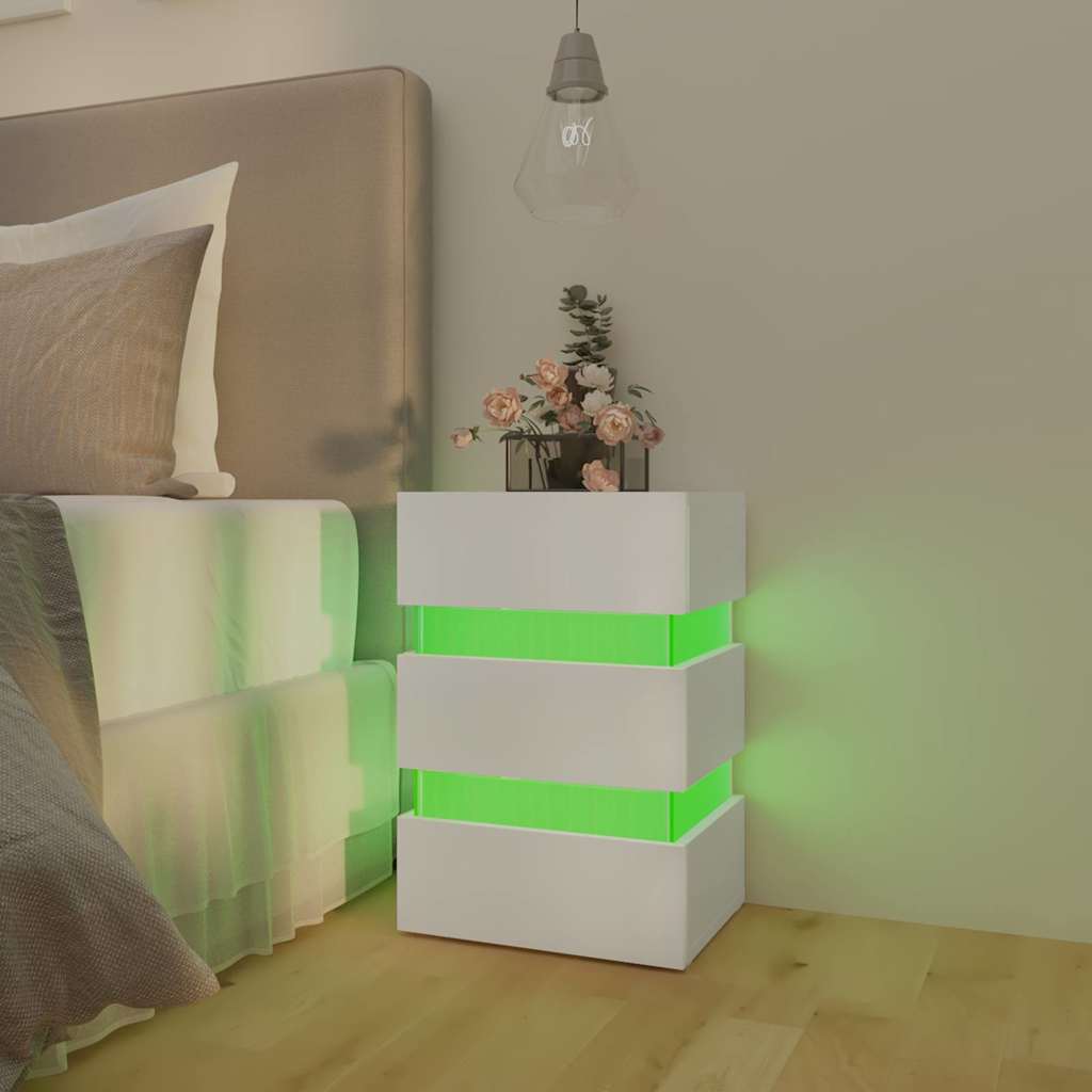 sengebord med LED 45x35x67 cm konstrueret træ hvid