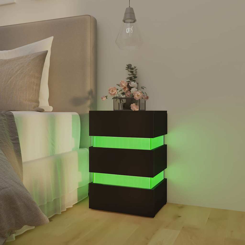 sengebord med LED 45x35x67 cm konstrueret træ sort