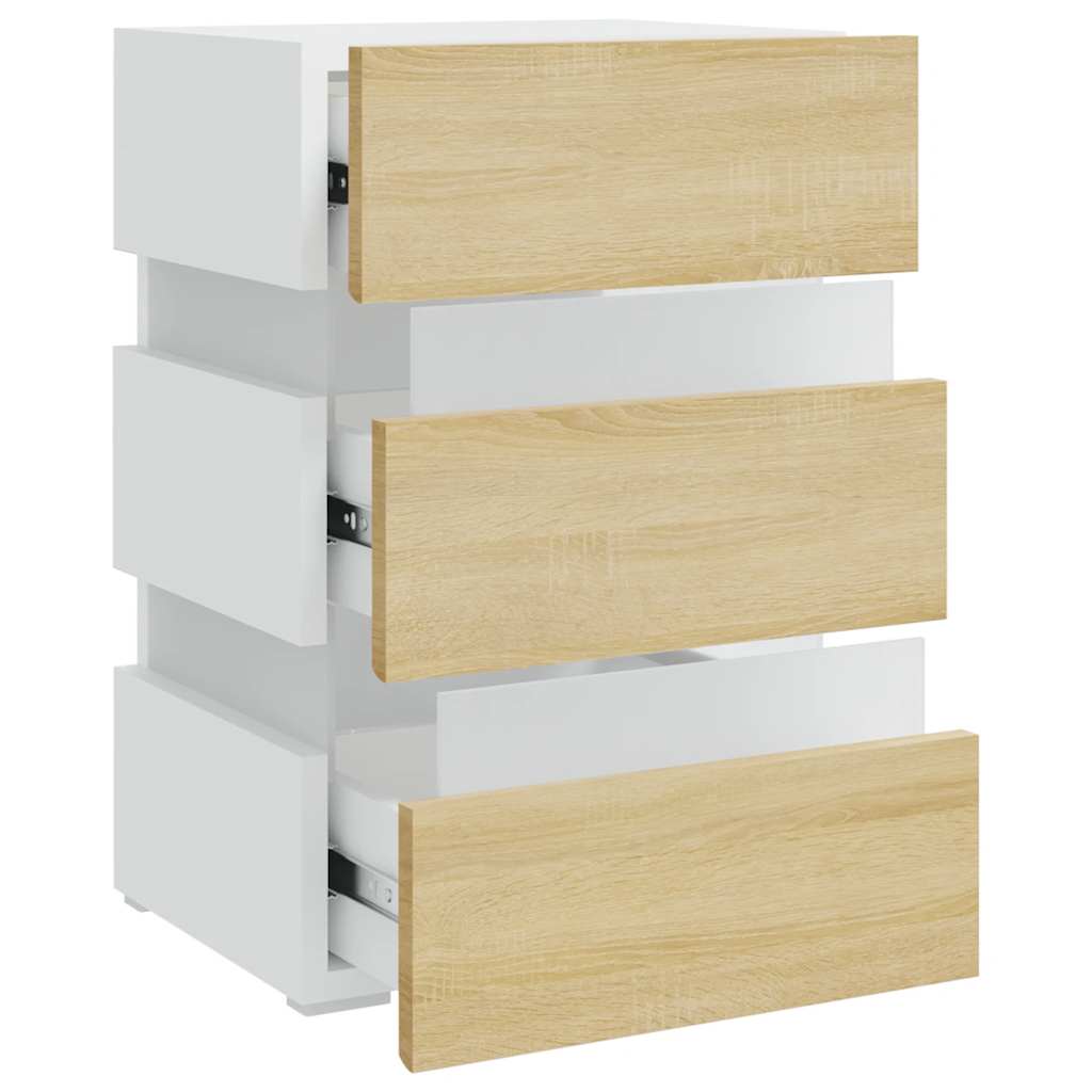 sengebord med LED 45x35x67 cm konstrueret træ hvid og sonoma-eg