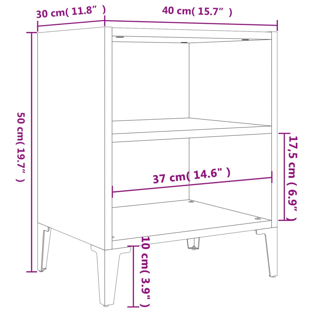 sengeborde med metalben 40x30x50 cm betongrå