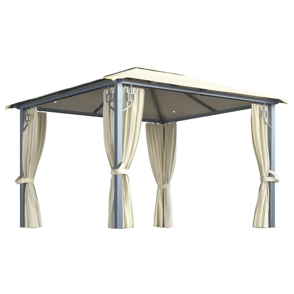 pavillon med gardin + LED-lyskæder 3x3 m aluminium cremefarvet