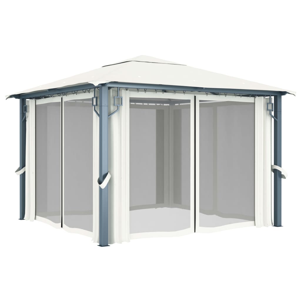 pavillon med gardin + LED-lyskæder 3x3 m aluminium cremefarvet