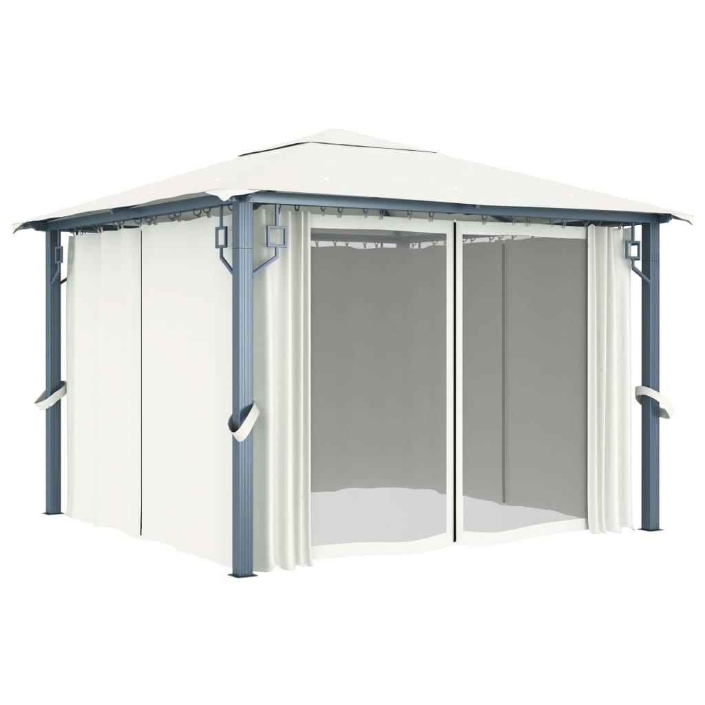 pavillon med gardin + LED-lyskæder 3x3 m aluminium cremefarvet