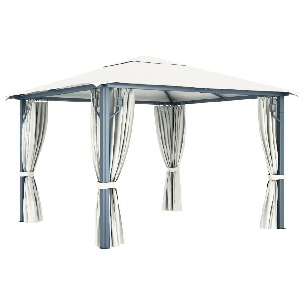 pavillon med gardin + LED-lyskæder 3x3 m aluminium cremefarvet