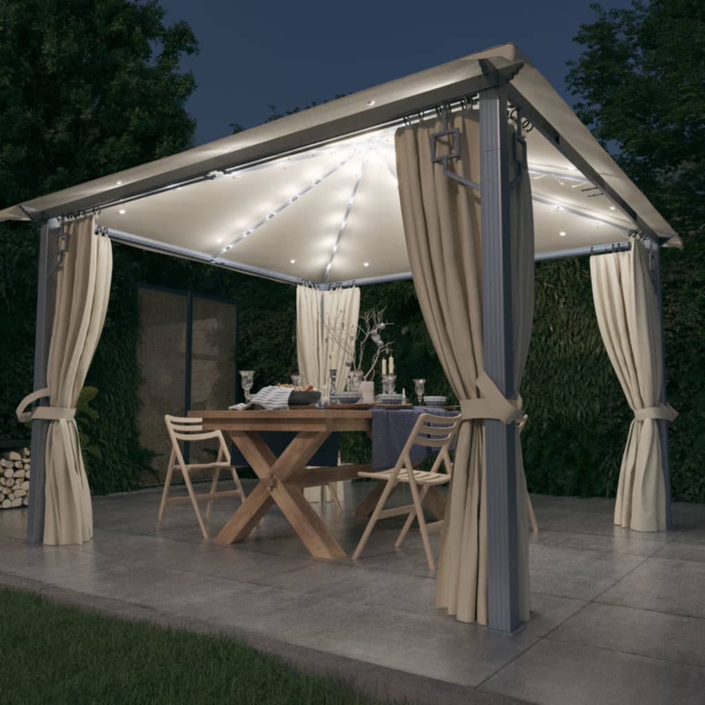 pavillon med gardin + LED-lyskæder 3x3 m aluminium cremefarvet