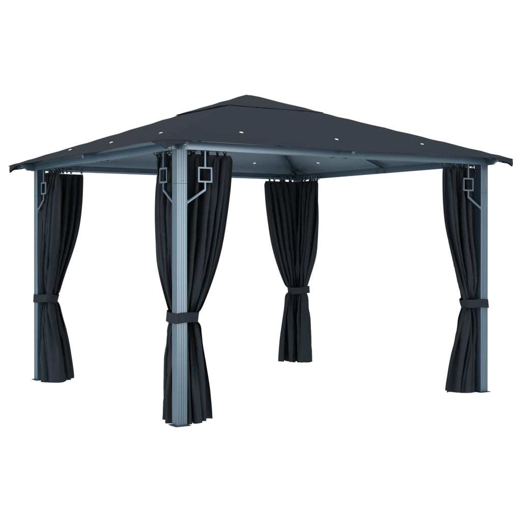 pavillon med gardin + LED-lyskæder 300x300 cm aluminium grå