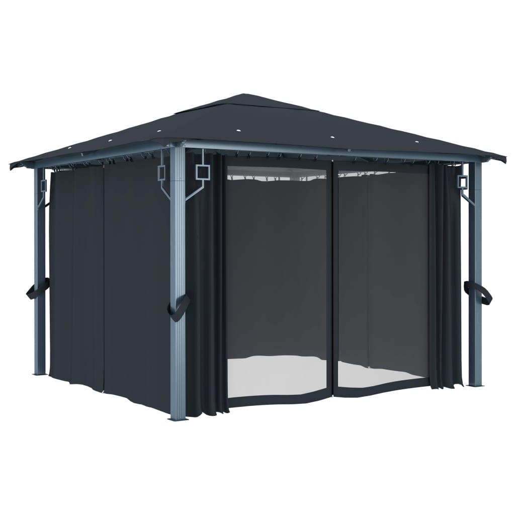 pavillon med gardin + LED-lyskæder 300x300 cm aluminium grå