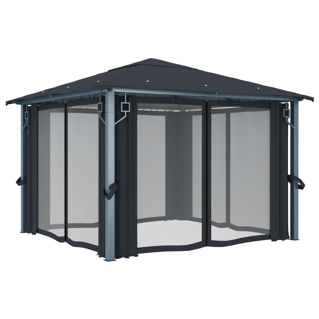 pavillon med gardin + LED-lyskæder 300x300 cm aluminium grå
