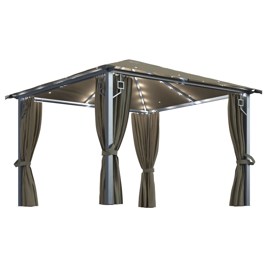 pavillon med gardin + LED-lyskæde 300x300 cm aluminium gråbrun