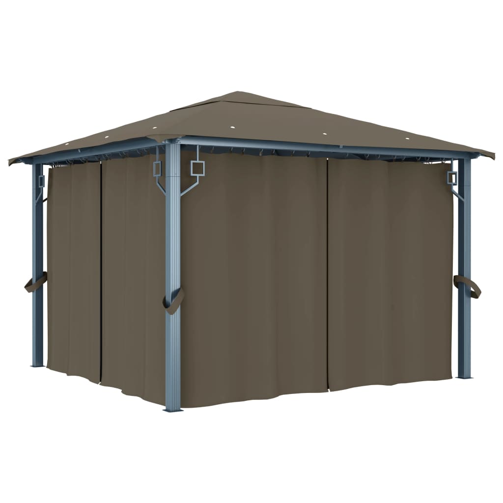 pavillon med gardin + LED-lyskæde 300x300 cm aluminium gråbrun