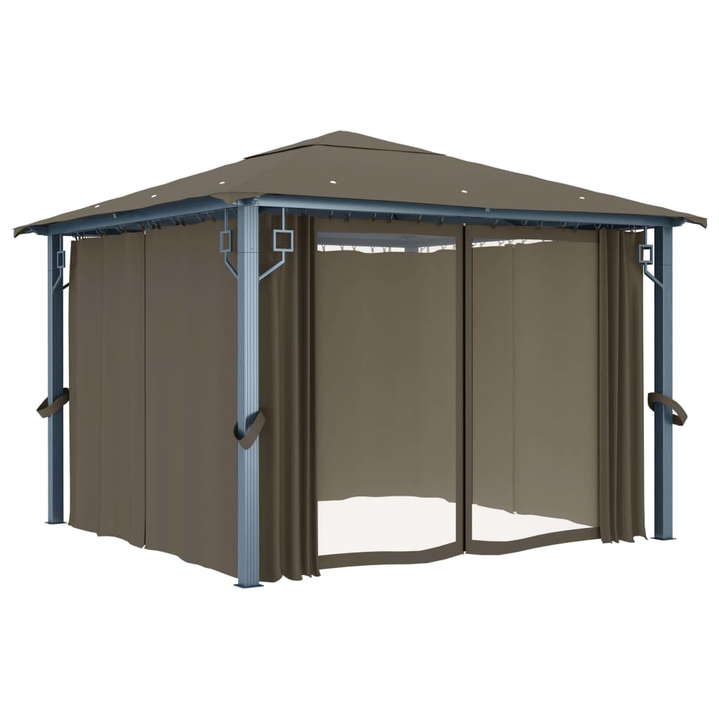 pavillon med gardin + LED-lyskæde 300x300 cm aluminium gråbrun