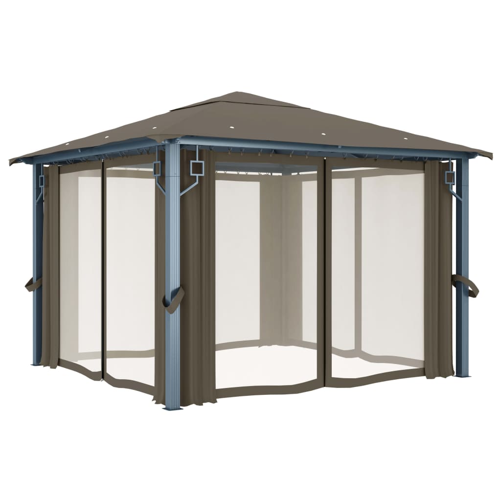 pavillon med gardin + LED-lyskæde 300x300 cm aluminium gråbrun