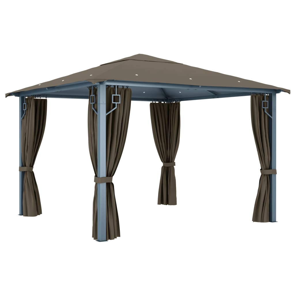 pavillon med gardin + LED-lyskæde 300x300 cm aluminium gråbrun