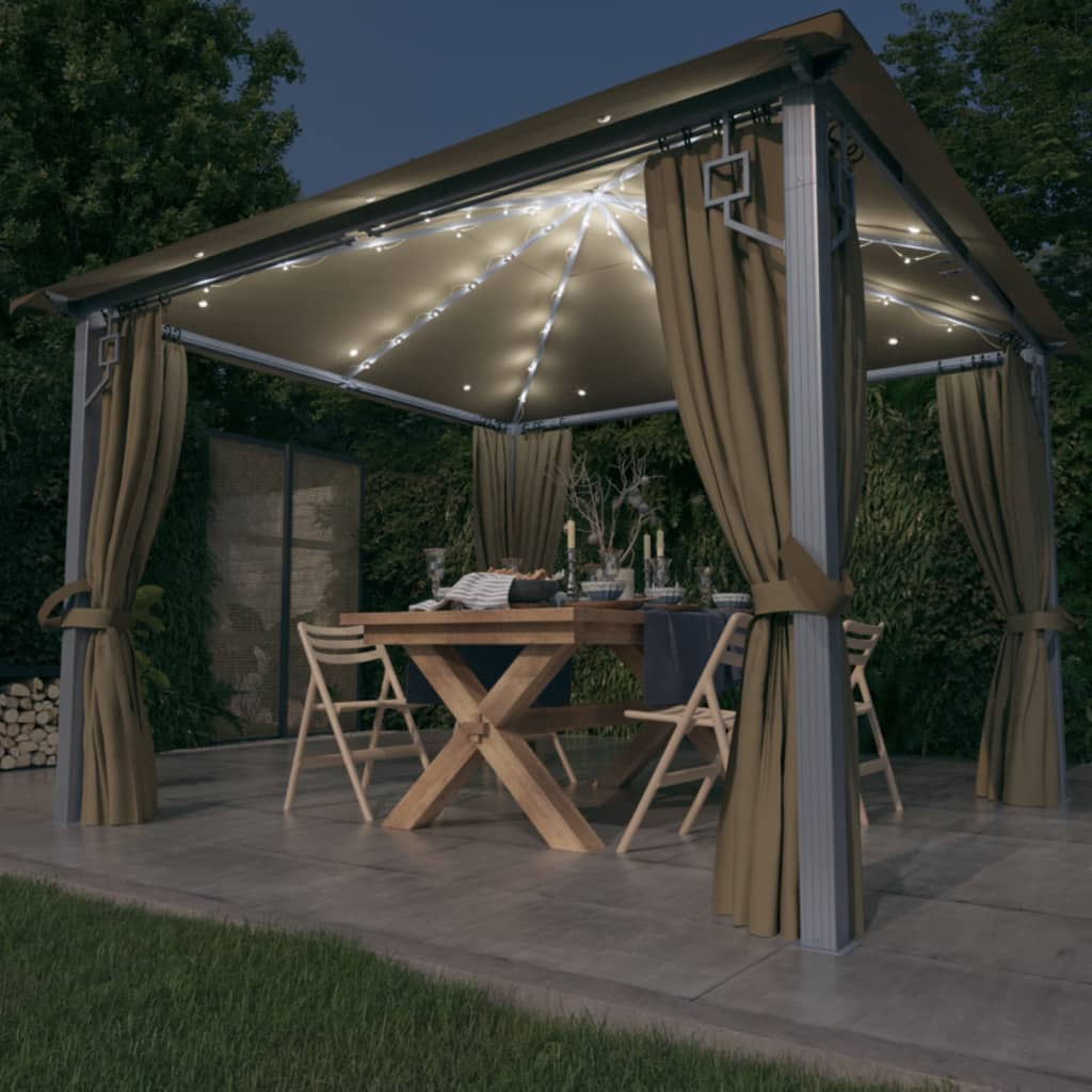 pavillon med gardin + LED-lyskæde 300x300 cm aluminium gråbrun