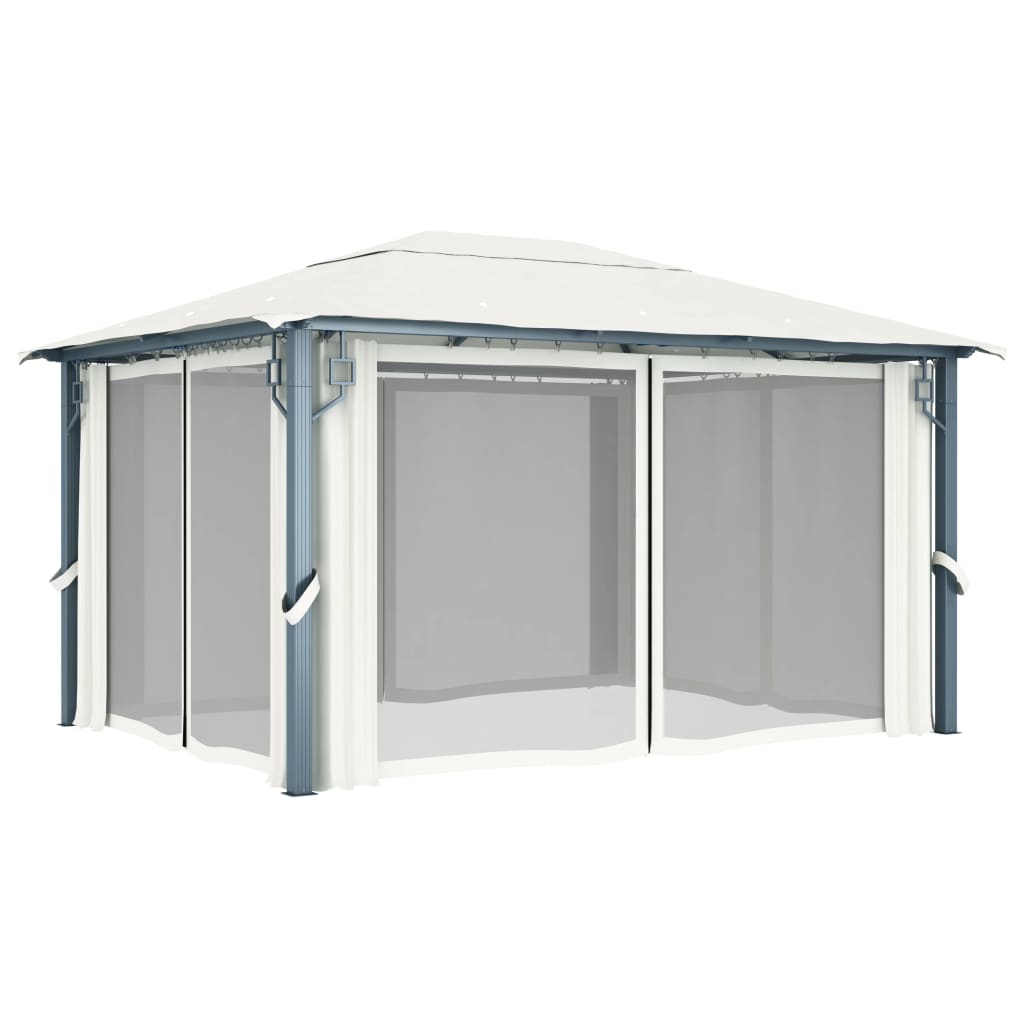 pavillon med gardin + LED-lyskæder 400x300 cm aluminium creme