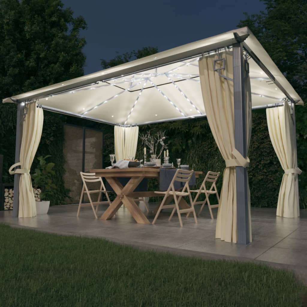 pavillon med gardin + LED-lyskæder 400x300 cm aluminium creme